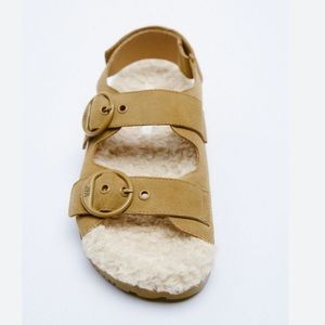 ZARA flat real leather‎ faux straps sandals fur warm and cozy sleepers size 6/7